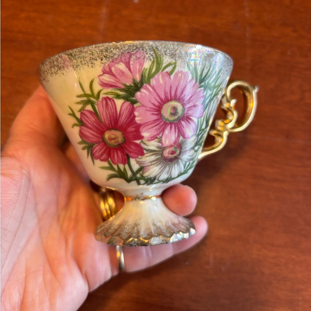 Vintage Floral Lusterware Teacup with Gold Handle